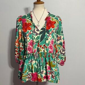 Umgee Teal Floral Peplum V-Neck Blouse with Pink & Red Accents